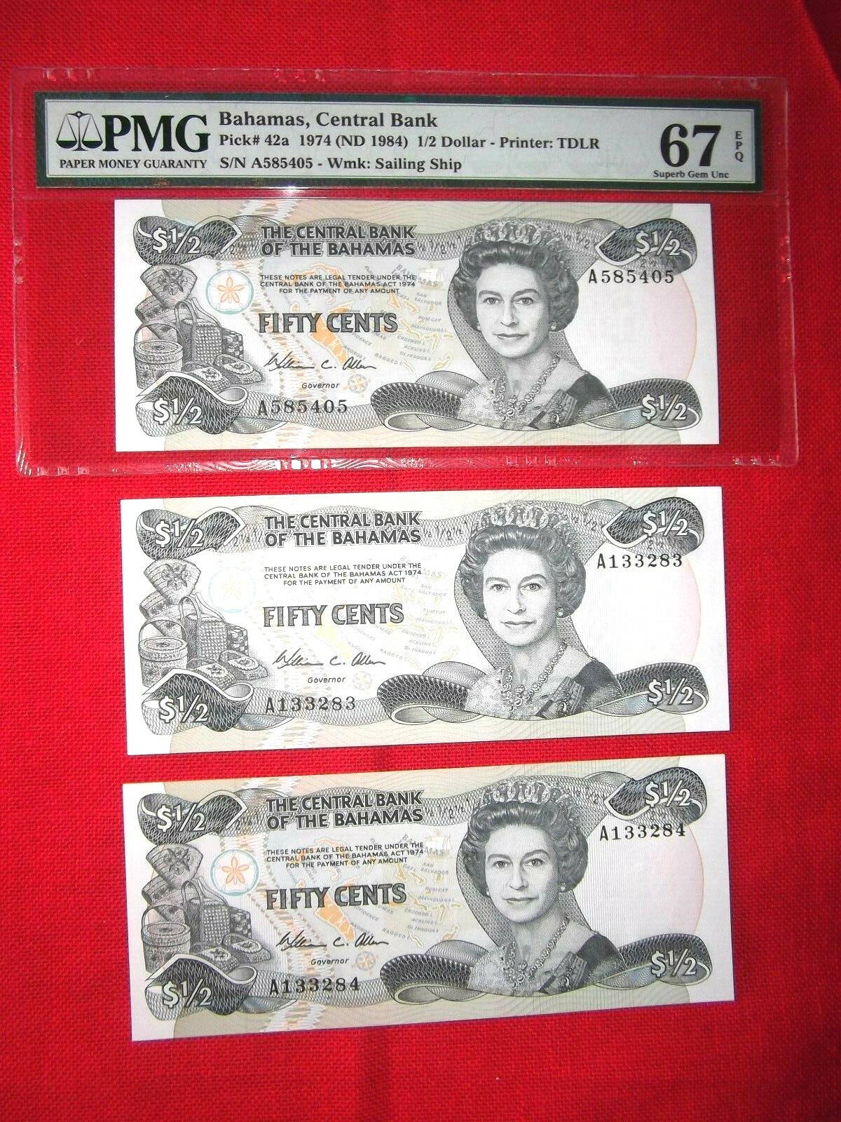 Bahamas  $1/2 Dollar 1974 PMG 67 EPQ + 2 OTHER same BONUS new notes bill
