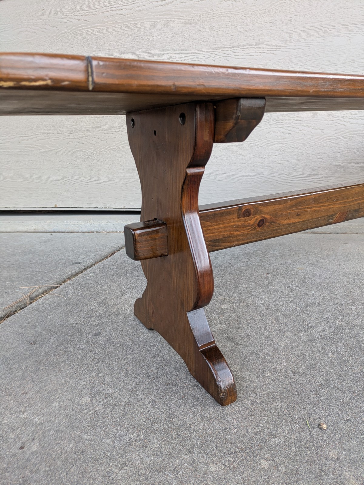 Vintage Ethan Allen Old Tavern Rustic Antiqued Pine Wood Trestle Bench