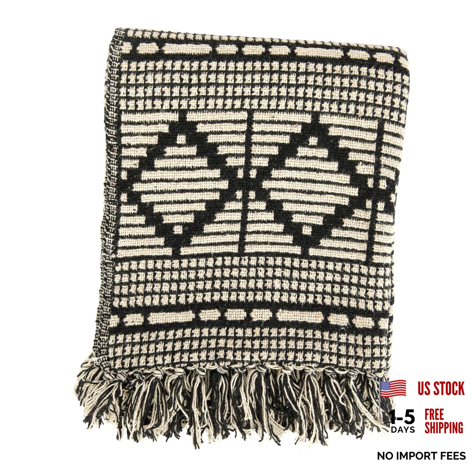 Soft Reclaimed Cotton Blend Throw with Black and Beige One size fits all
