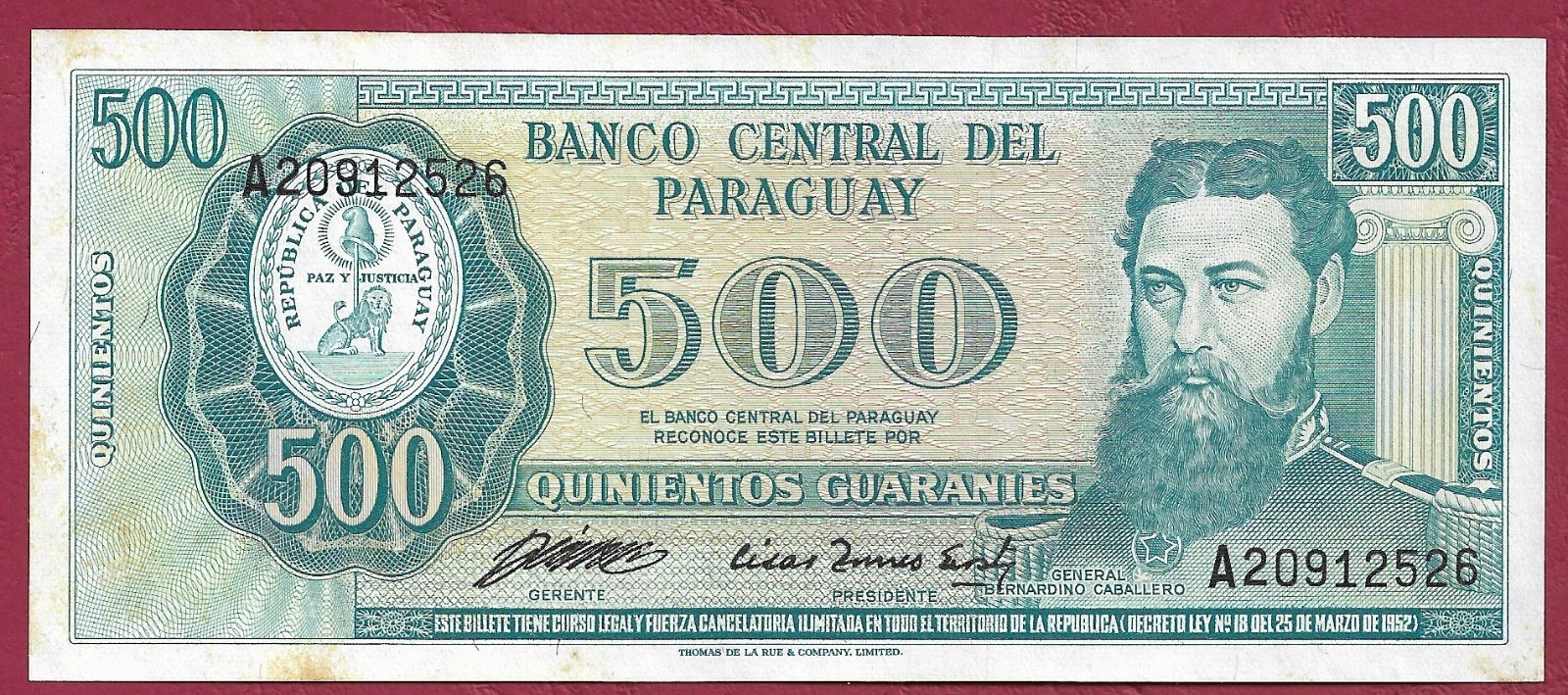 Paraguay 500 Guaranies P-206(2) Ferreira/Acosta L.1952 (1985)