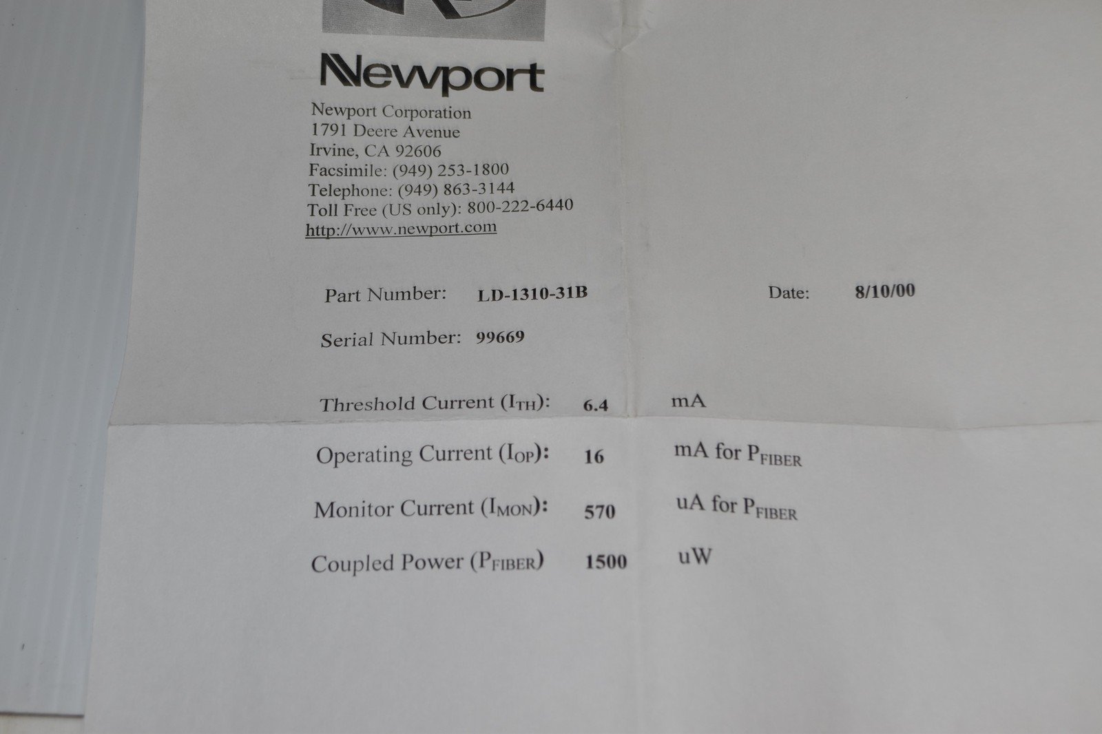 *JM* NEWPORT LD-1310-31B LASER DIODE (SML16)