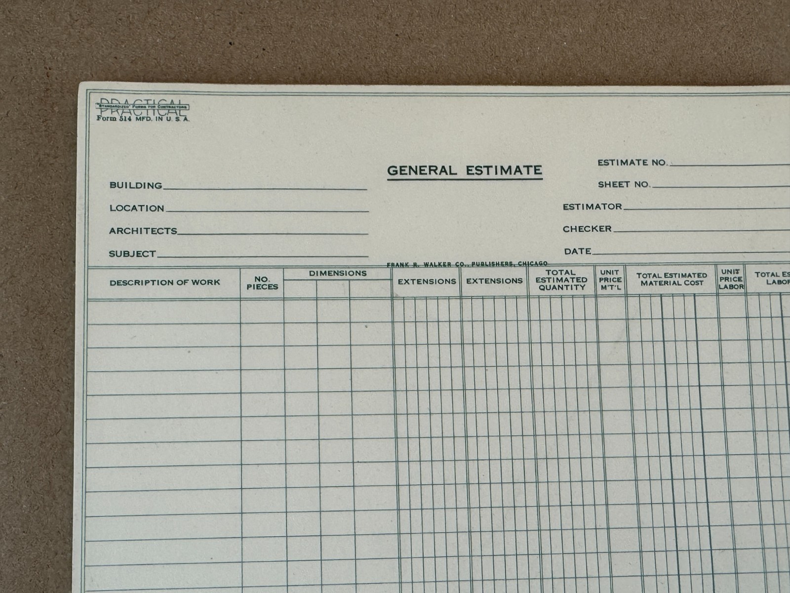 NOS Vintage Practical Form 514 "General Estimate" Pad for contractor Made USA