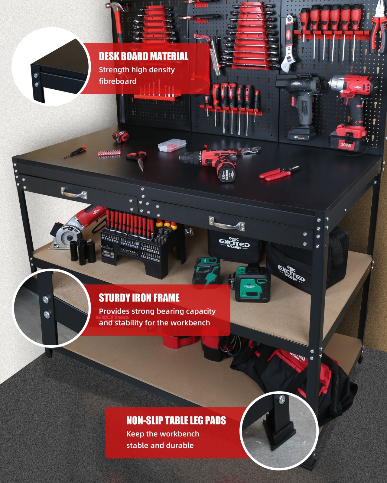 47.25 Inch Heavy Workbench with Pegboard,Hooks,and Drawers-Sturdy Garage Work