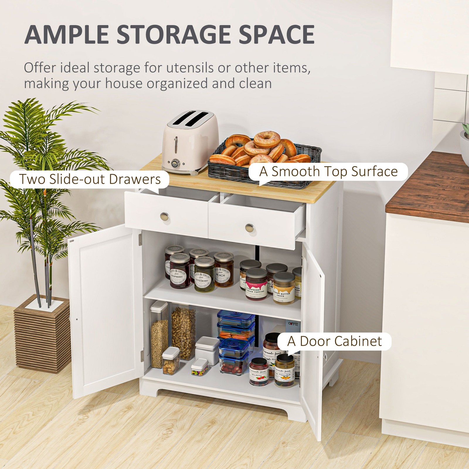 HOMCOM Sideboard with Solid Wood Countertop, Modern Kitchen Storage Cabinet, C