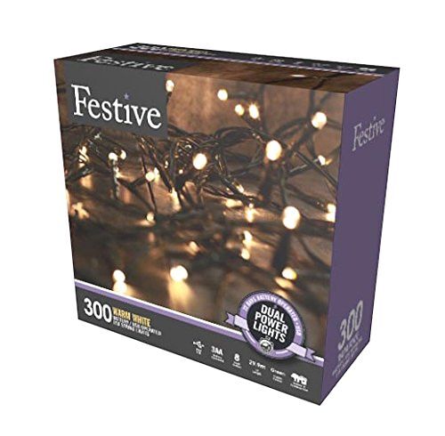 Festive Christmas String Lights, Battery Operated Timer LED, Warm White, 300 bul