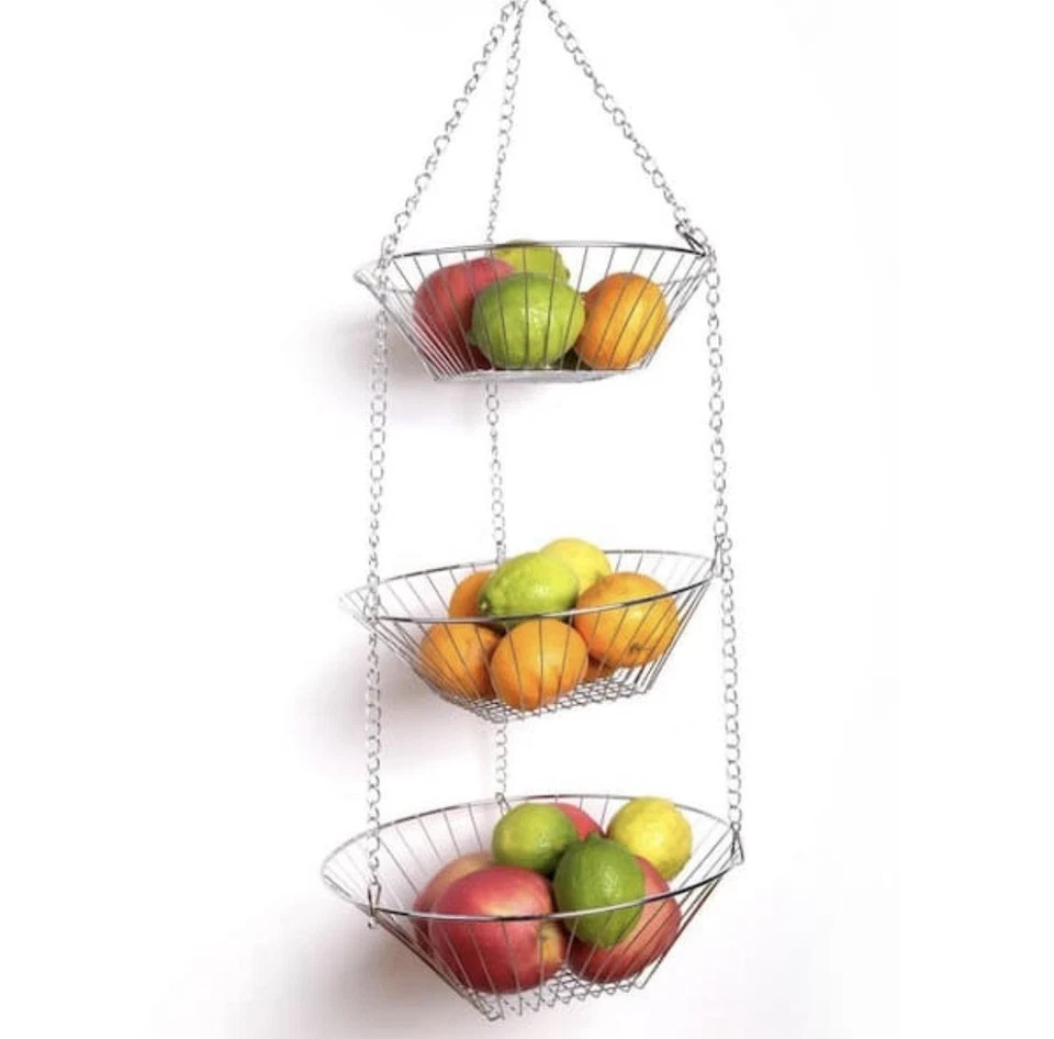 Hanging Fruit & Vegetable Basket 3 Tier Chrome Wire Kitchen Storage Organizer