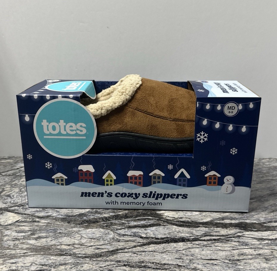 New Totes Toasties Men’s Memory Foam Slippers MEDIUM (8-9) Brown Tan Faux Fur