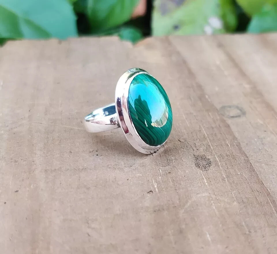 Natural Malachite Gemstone Ring 925 Sterling Silver Handmade Ring All Size MK*