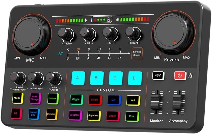 Live Streaming Sound Card, Professional Audio Mixer with 48V Phantom Power, Blue