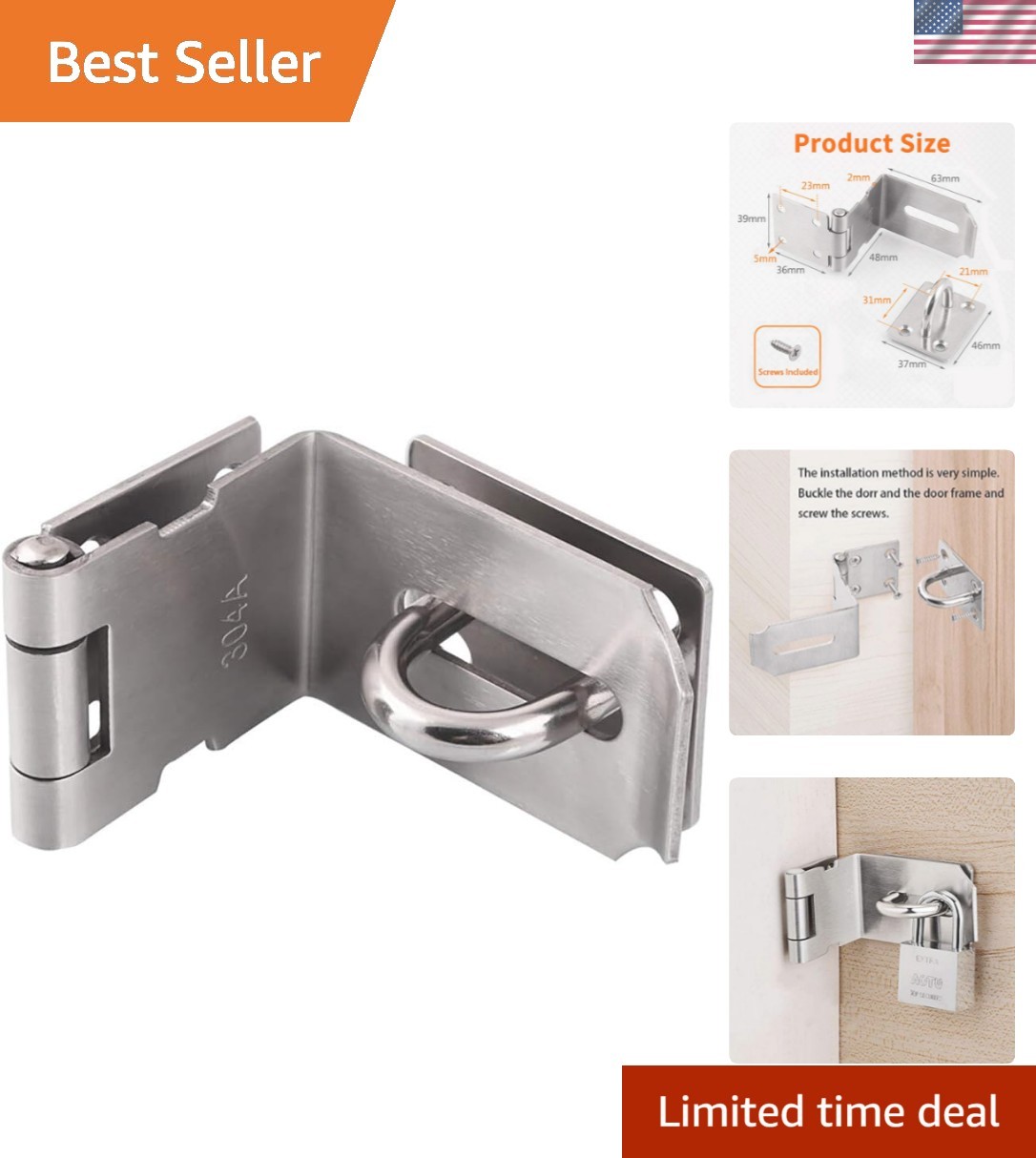 4-Inch Stainless Steel Door Hasp Latch - 90° Security Padlock Hasp for All Doors
