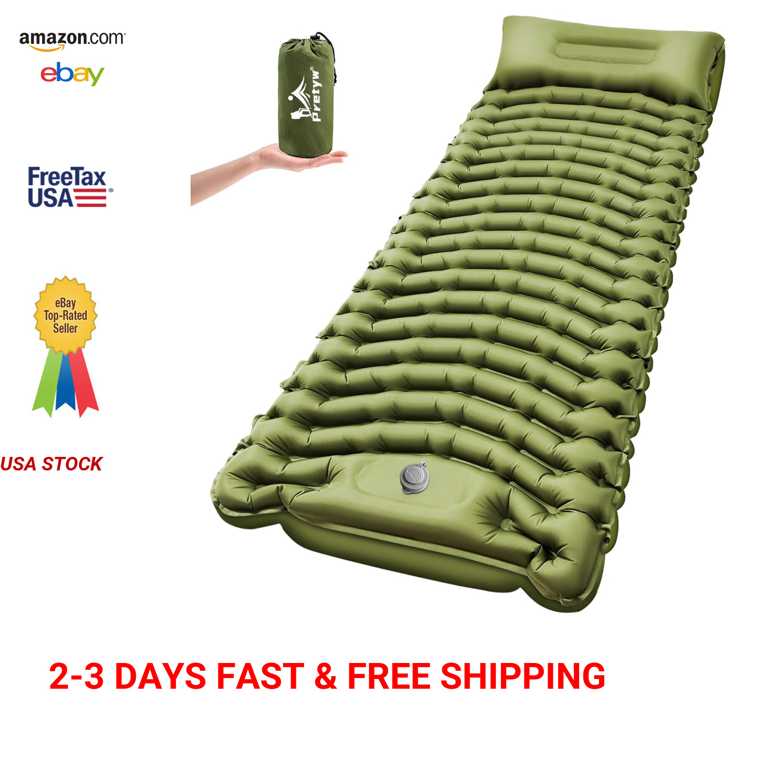Self-Inflating Camping Sleeping Pad with Pillow Built-In Air Pump 79x27.5 Green