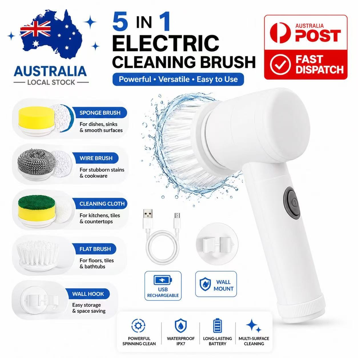 5 In 1 Handheld Electric Spin Scrubber Cleaning Brush Kitchen Rotating Cleaner