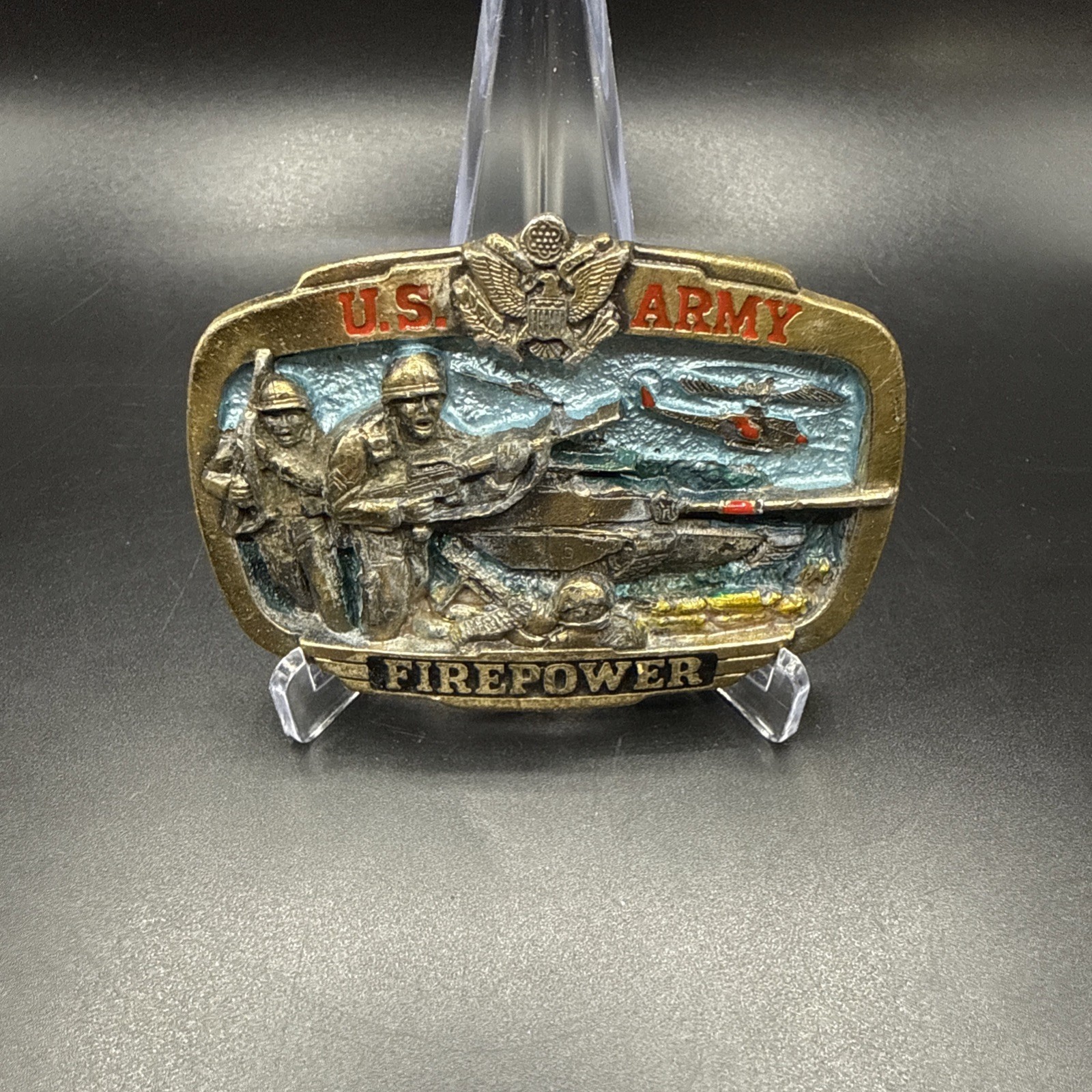 Vintage US Army Firepower Belt Buckle Badge 1983 Pewter Military USA H1071