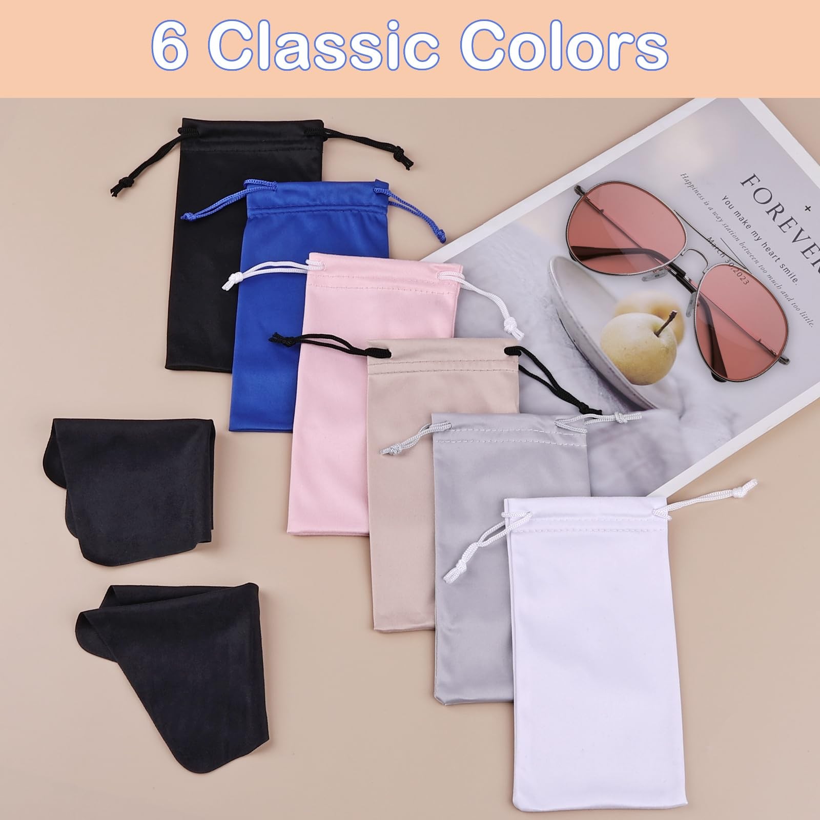 6 Pack Microfiber Soft Eyeglasses Pouch Sunglasses Case with Drawstring