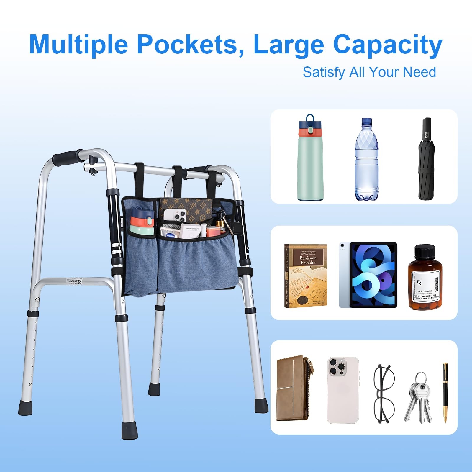 Walker Bag with Cup Holder Premium Walker Basket for Folding Walker Foldabl