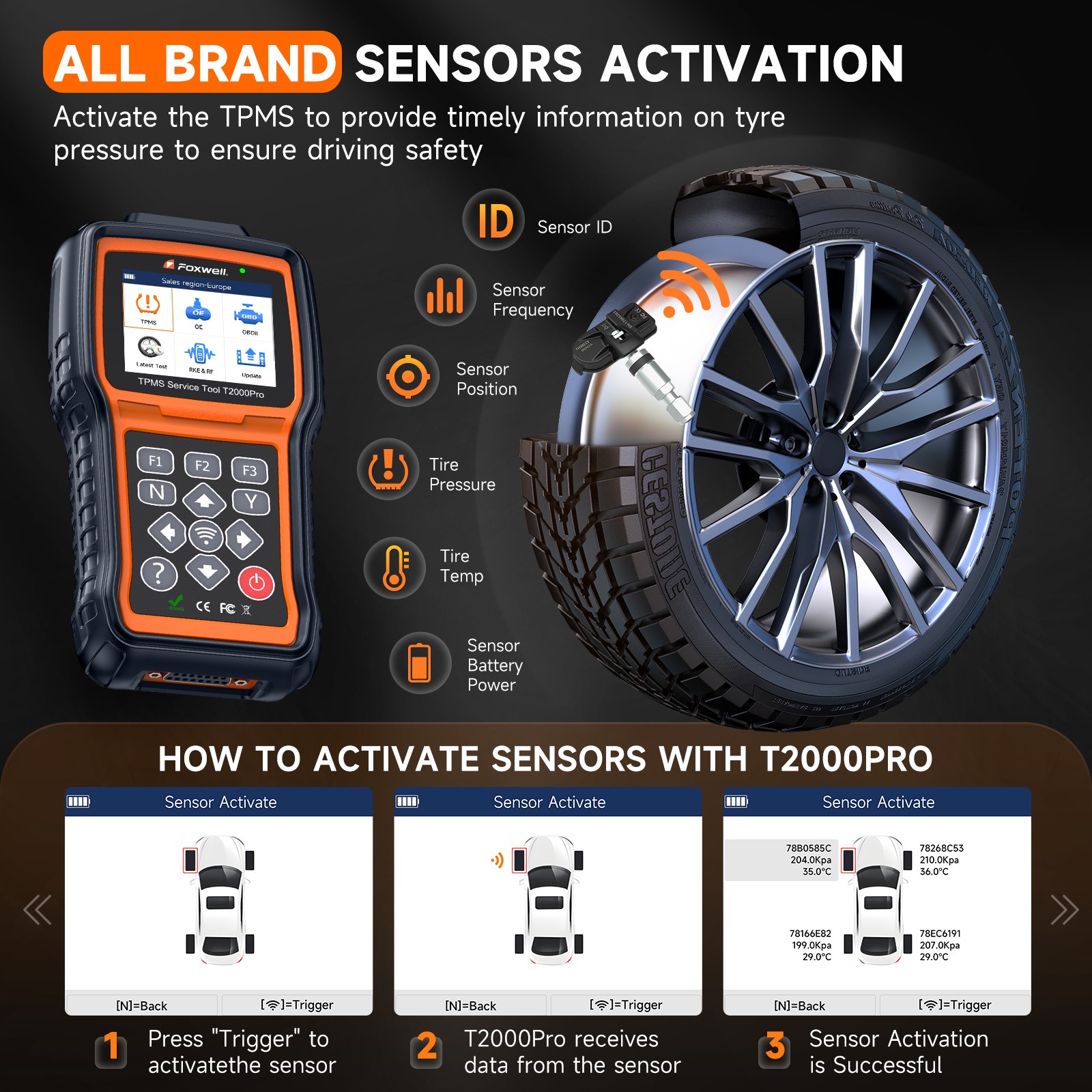 FOXWELL T2000 PRO Tire Pressure TPMS Relearn Activate Sensors Programming Tool