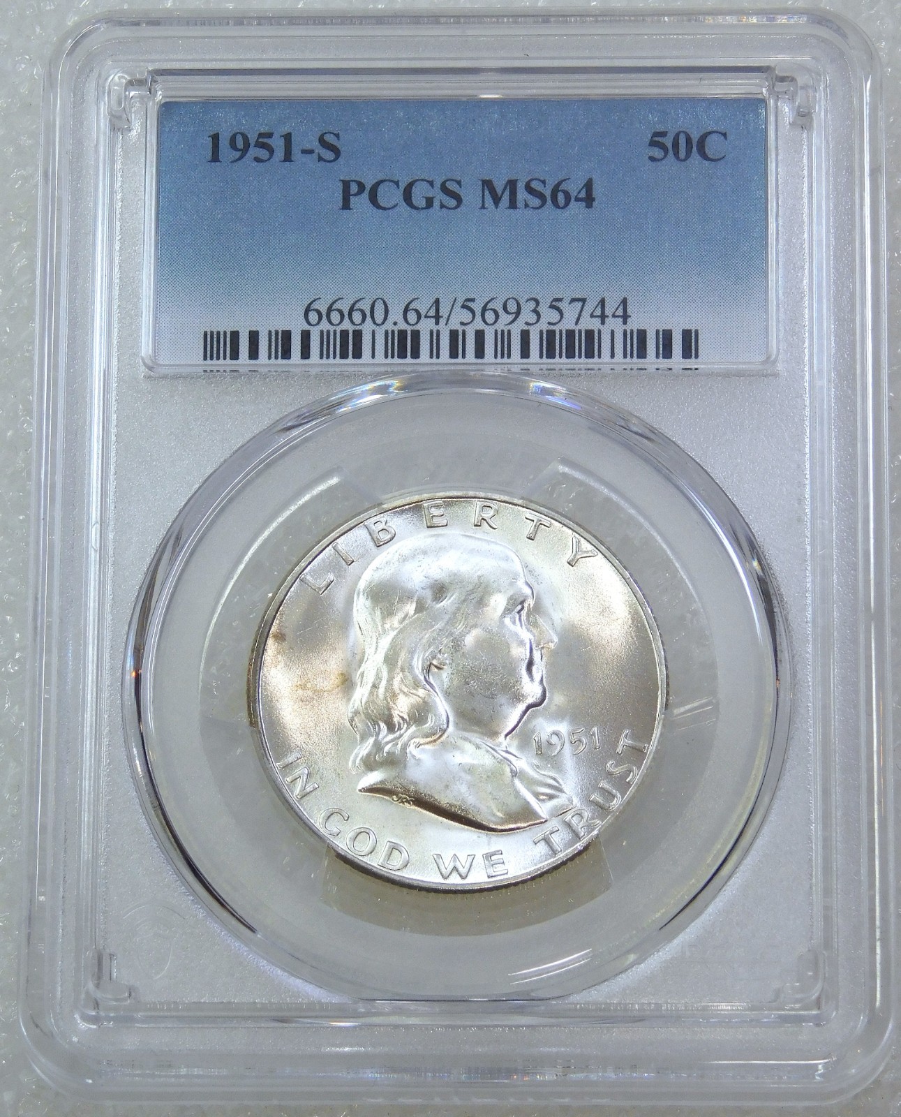 1951-S Franklin Half Dollar PCGS MS64 Frosty PQ 90% FBL New Holder #Q365U