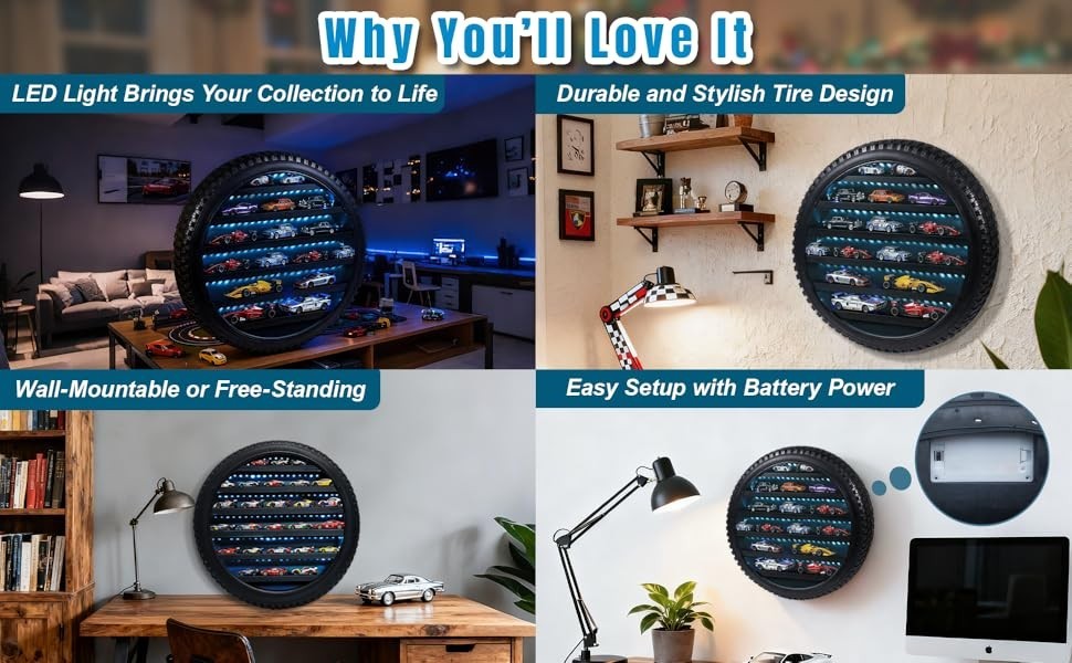 Car Display Case Tire LED Light Matchbox Hot 1/64 Model Diecast Wheels Cabinet