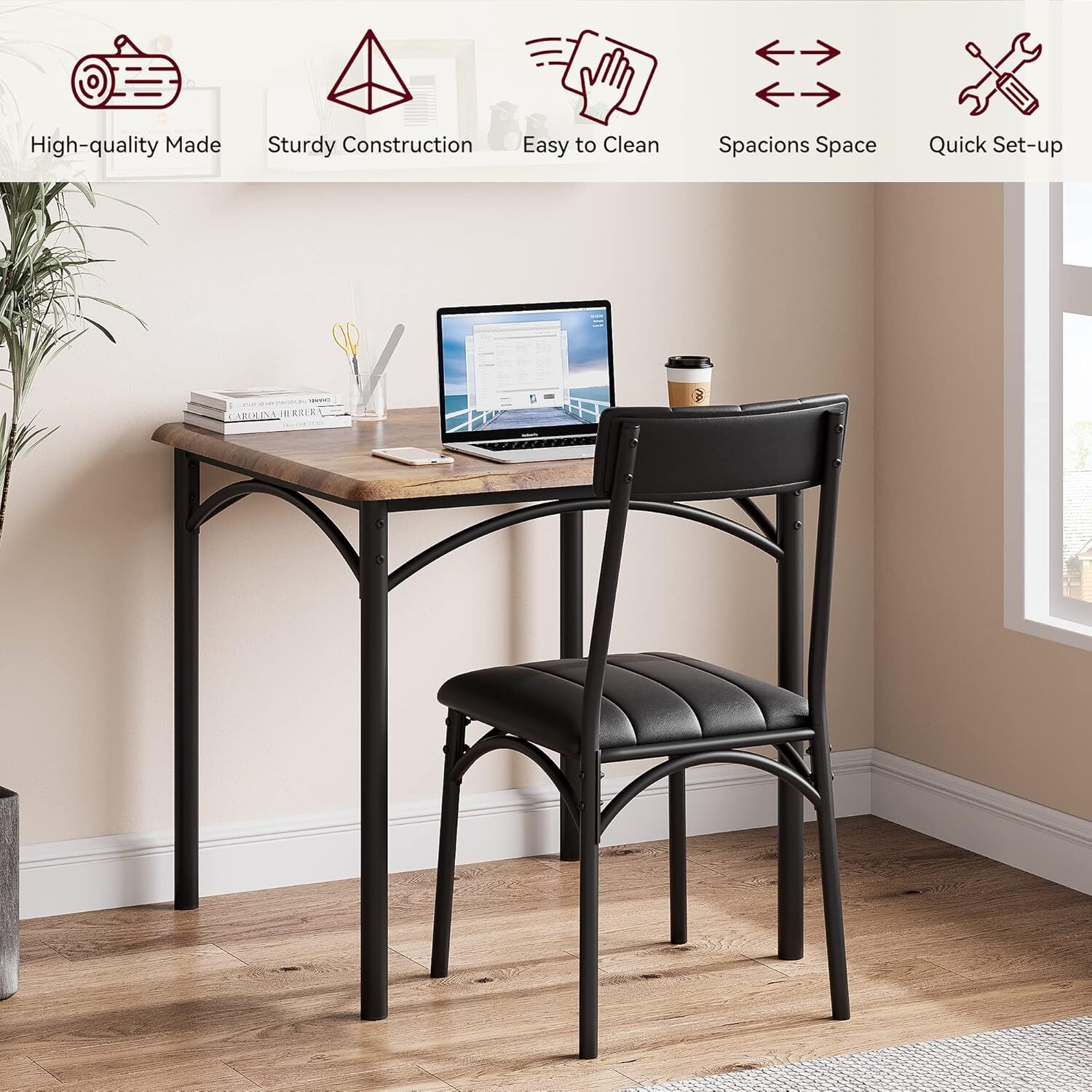 3PCS Dining Set Table and 2 Upholstered Chairs Wood Top for Small Space Kitchen