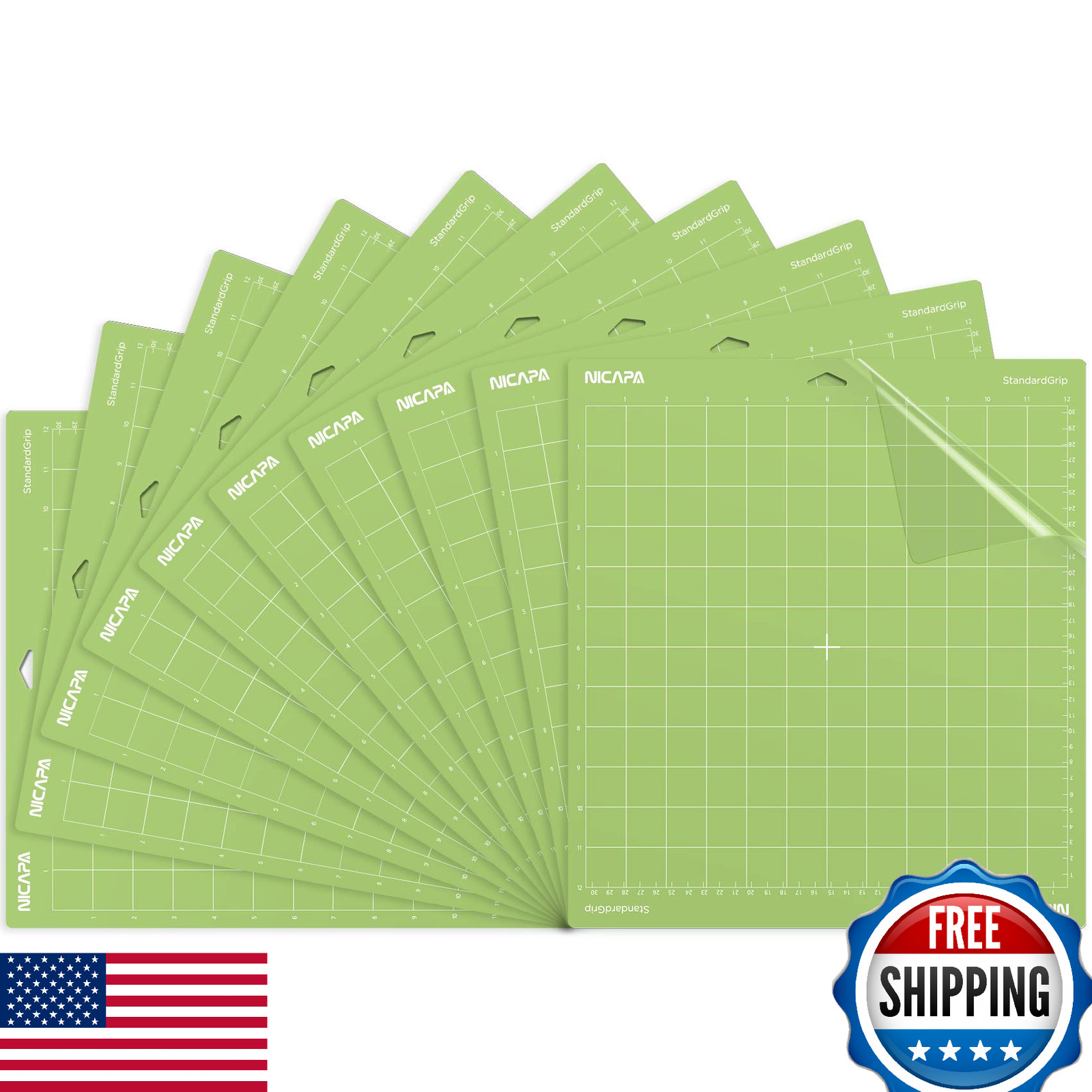 NICAPA StandardGrip Cutting Mat for Cricut, 12x12", 10-Pack, Green, Paper