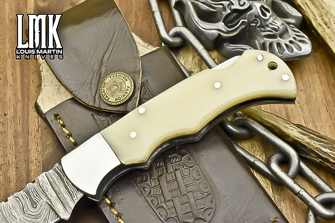 LMK Custom Twist Damascus Pocket Folding Knife Bone Back Lock Hiking Razor Sharp