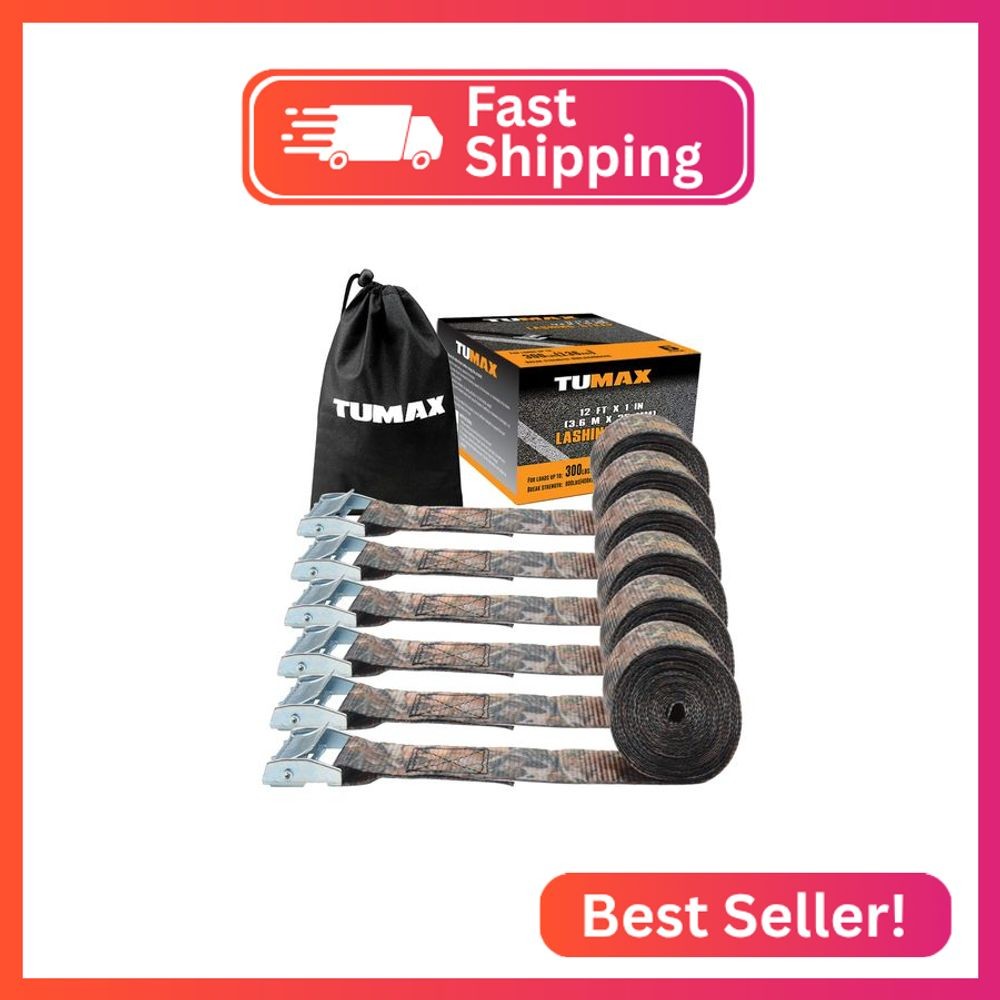 TUMAX 1" x 12' Lashing Straps Cargo Tie-Down Strap, for loads upto: 300lbs & Bre