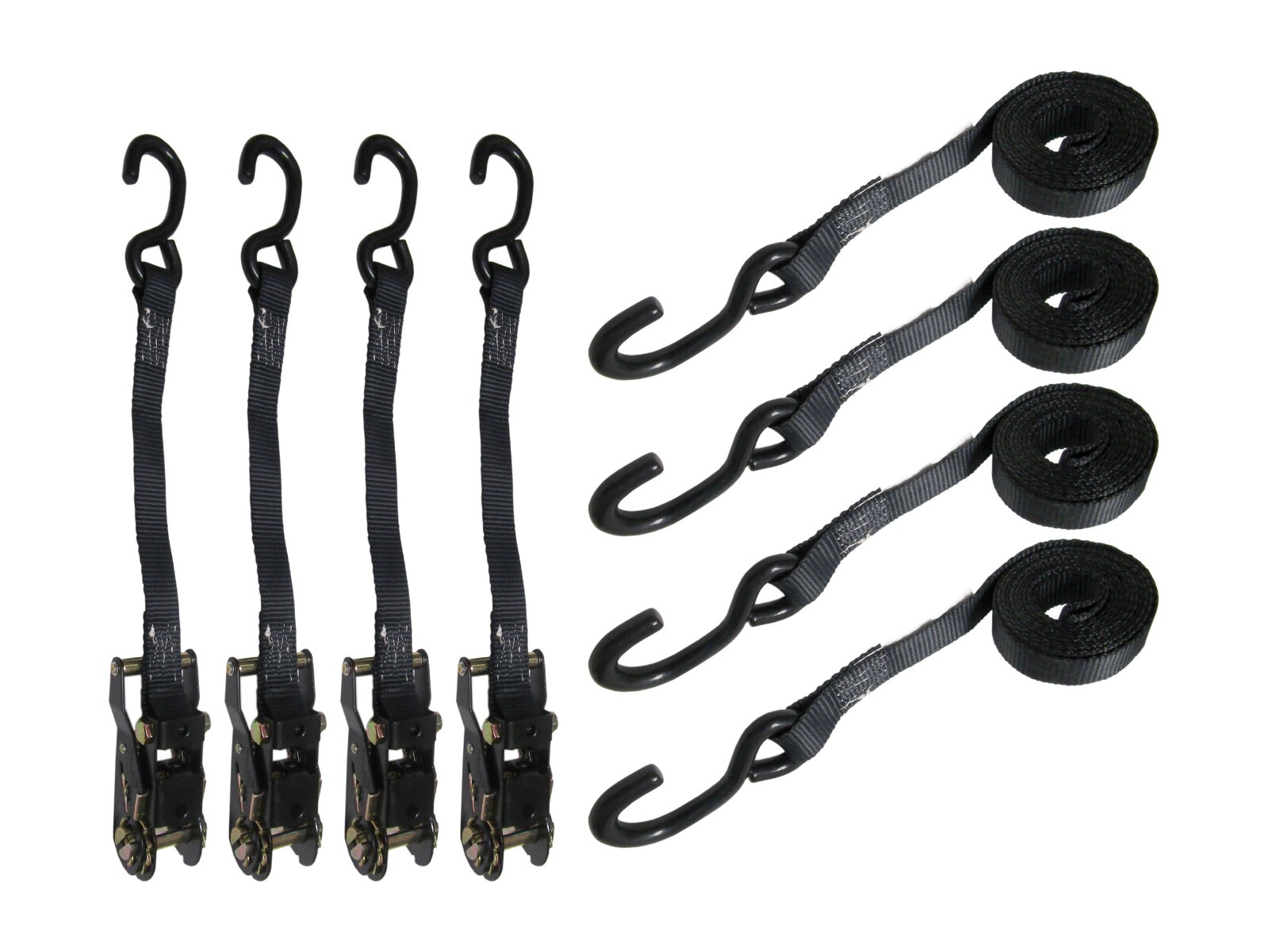 4 Pack 1" x 8' Ratchet Straps w/ S Hooks Black 1,000 lb WLL Tie Downs