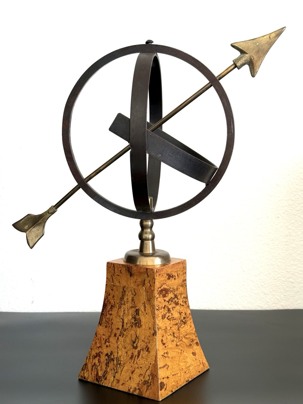Vintage Metal Armillary Sphere Sculpture w/ Arrow on Stone Base Decor