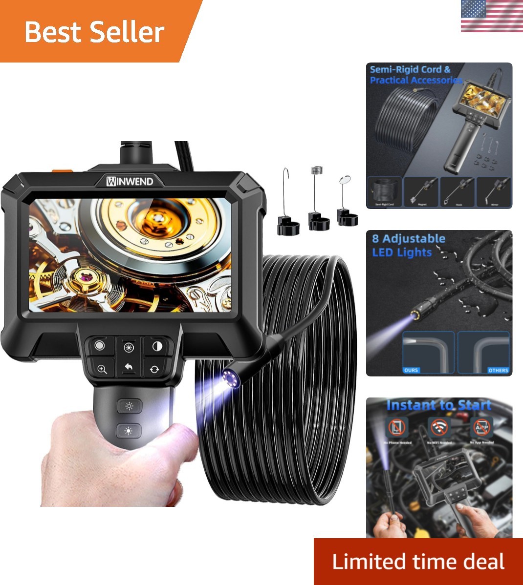 Endoscope Camera with Light -  Waterproof Borescope Camera with 8 Adjustable ...