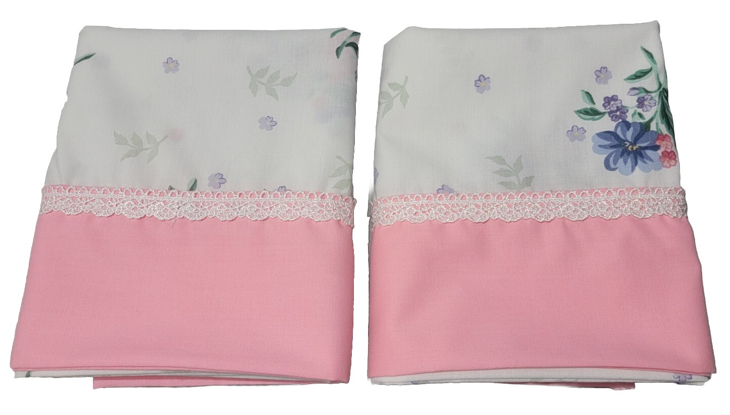 2 White Floral Pillowcases W/ Pink Cuff And Lace. 20 X 34 Queen