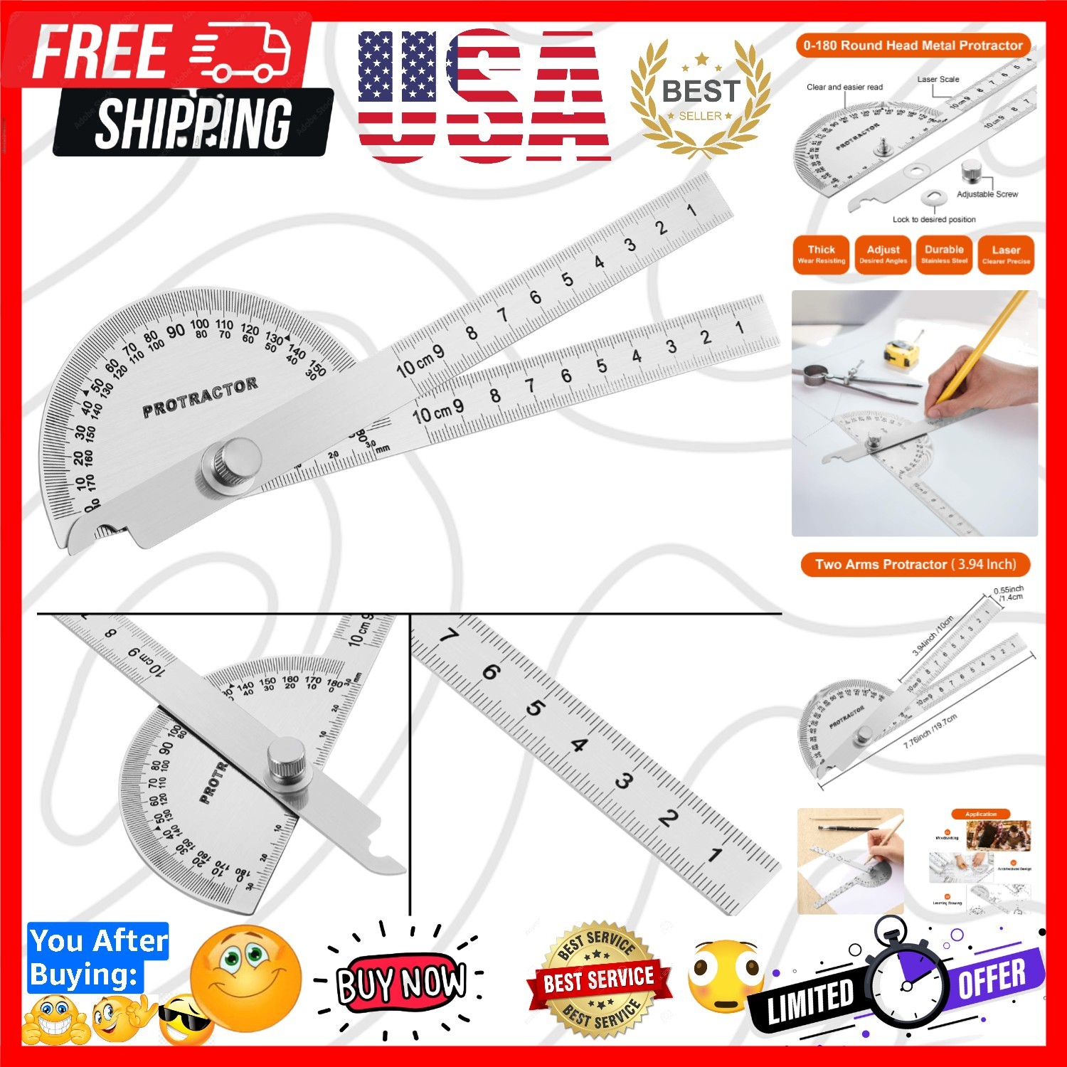 Angle Protractor Angle Finder Ruler Two Arm Stainless Steel Protractor Measur...