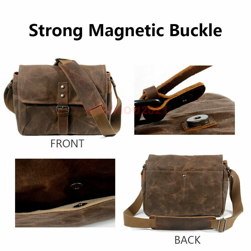 Vintage Waterproof Canvas Leather Trim DSLR SLR Shockproof Camera Messenger Bag