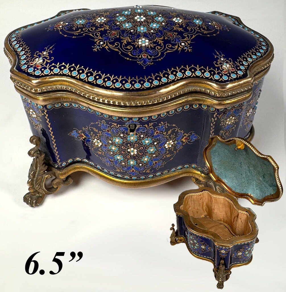 Large 6.5" Antique French Sevres or Bresse Kiln-fired Enamel Jewelry Box, "Gems"