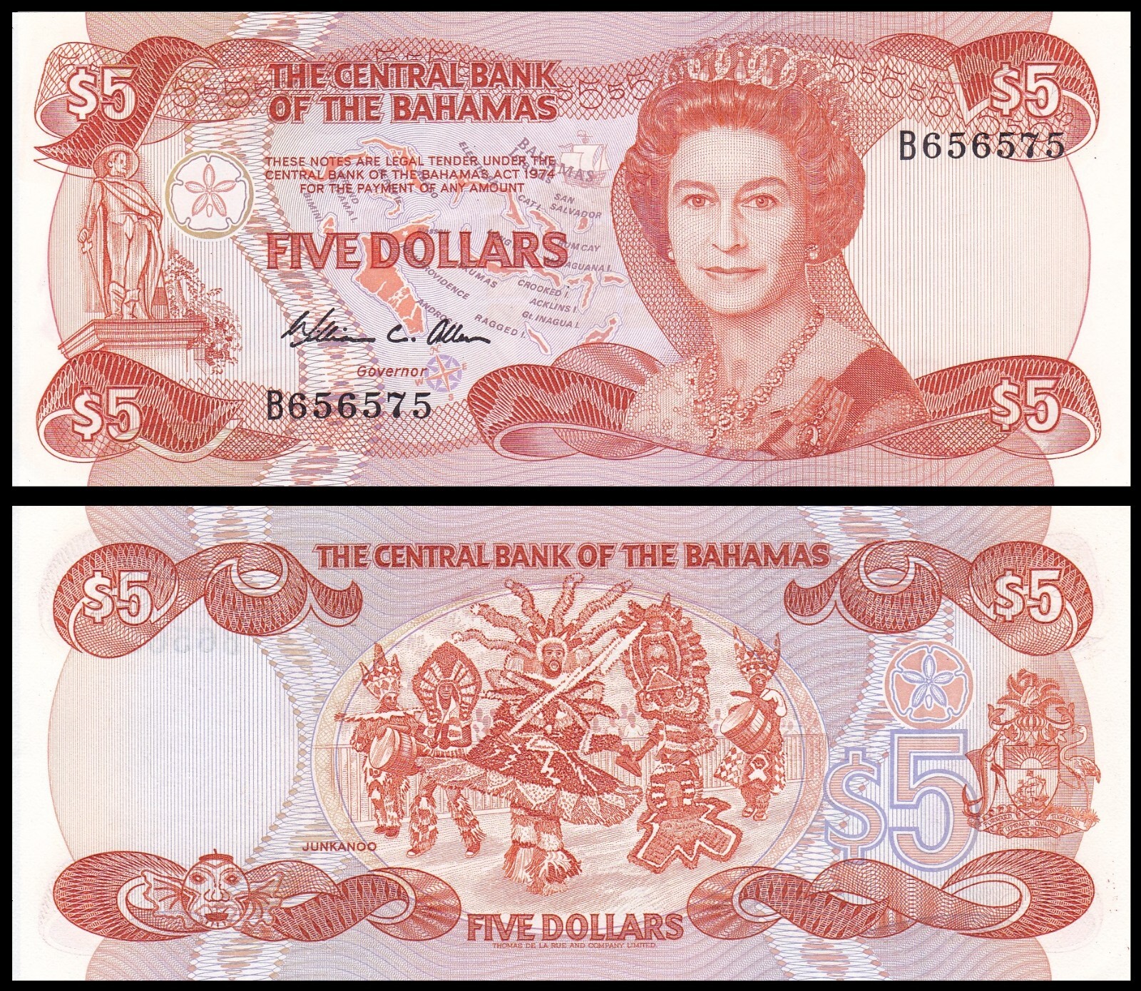 BAHAMAS - Queen Elizabeth II - 5 Dollars Banknote 1974 - P 45a - B 656575 UNC