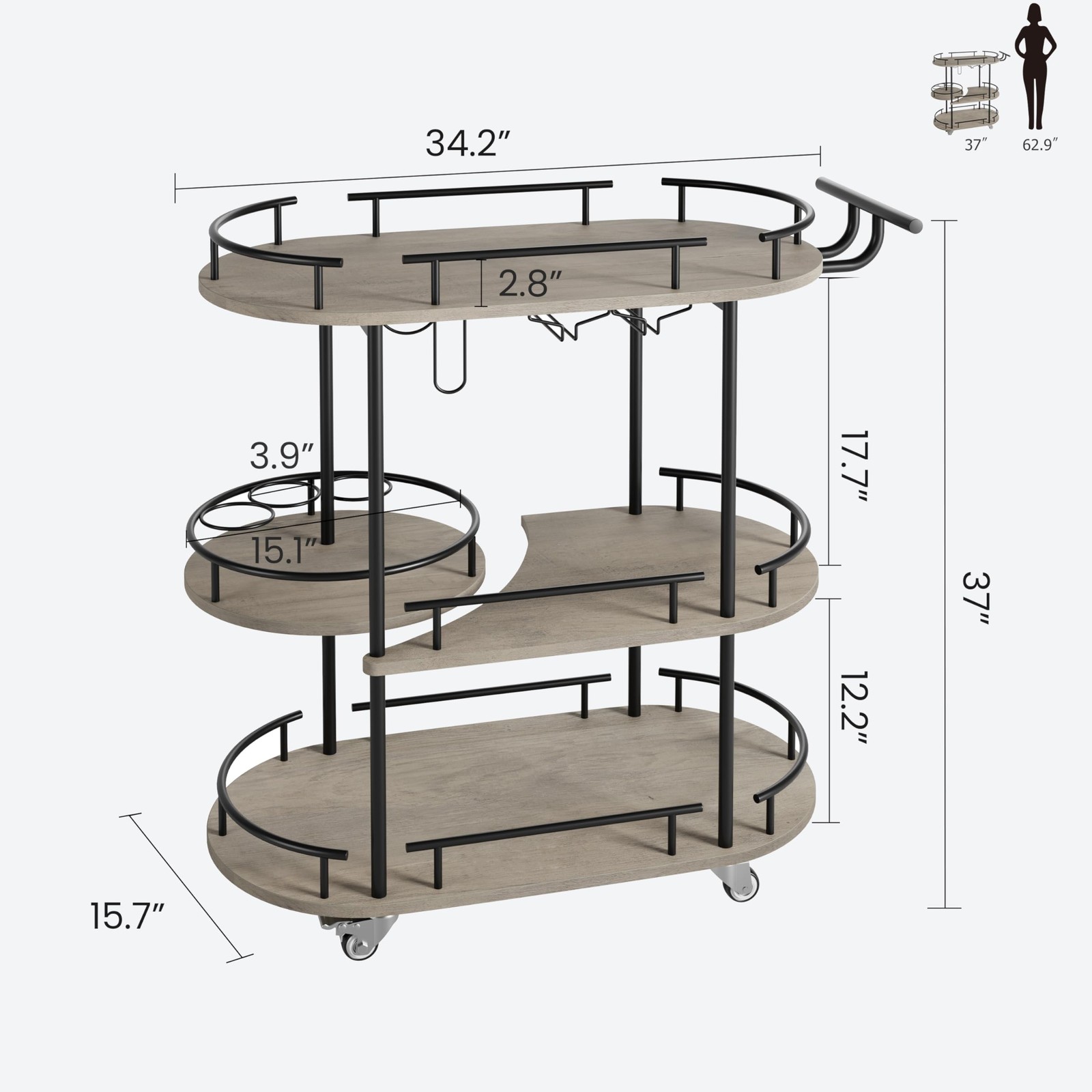 Bar Carts 3-Tier Storage Shelves Mobile Kitchen Serving Cart w/ Wine Rack Wheels