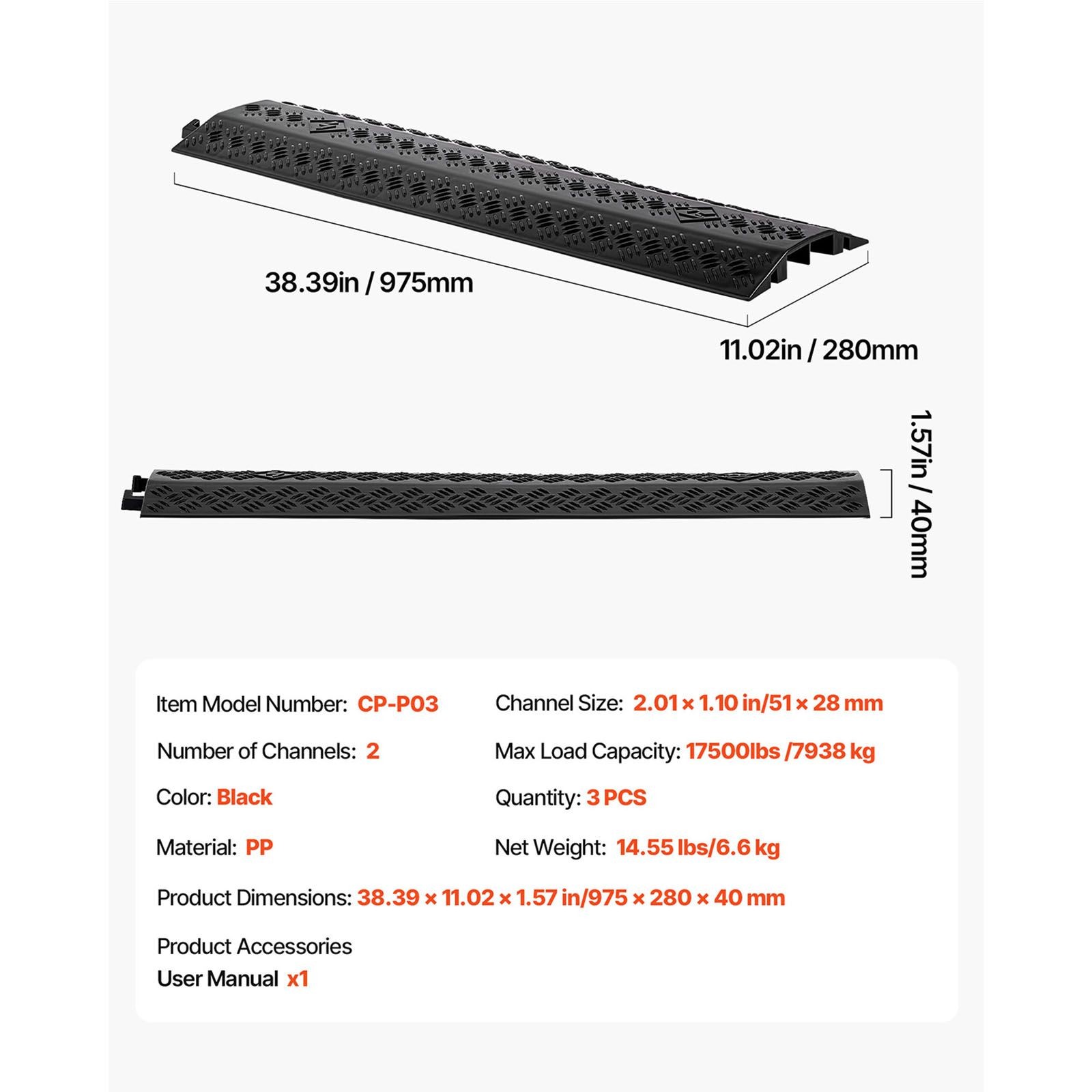 Heavy Duty Cable Protector Ramp, 500 lbs Axle Load, 3 Pack