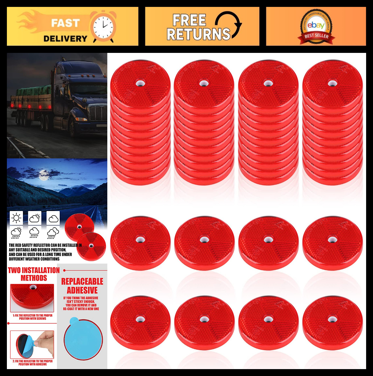 48 Pcs Round Safety Reflectors for Driveway, Fence, Gate, Trailers, Boats - Red
