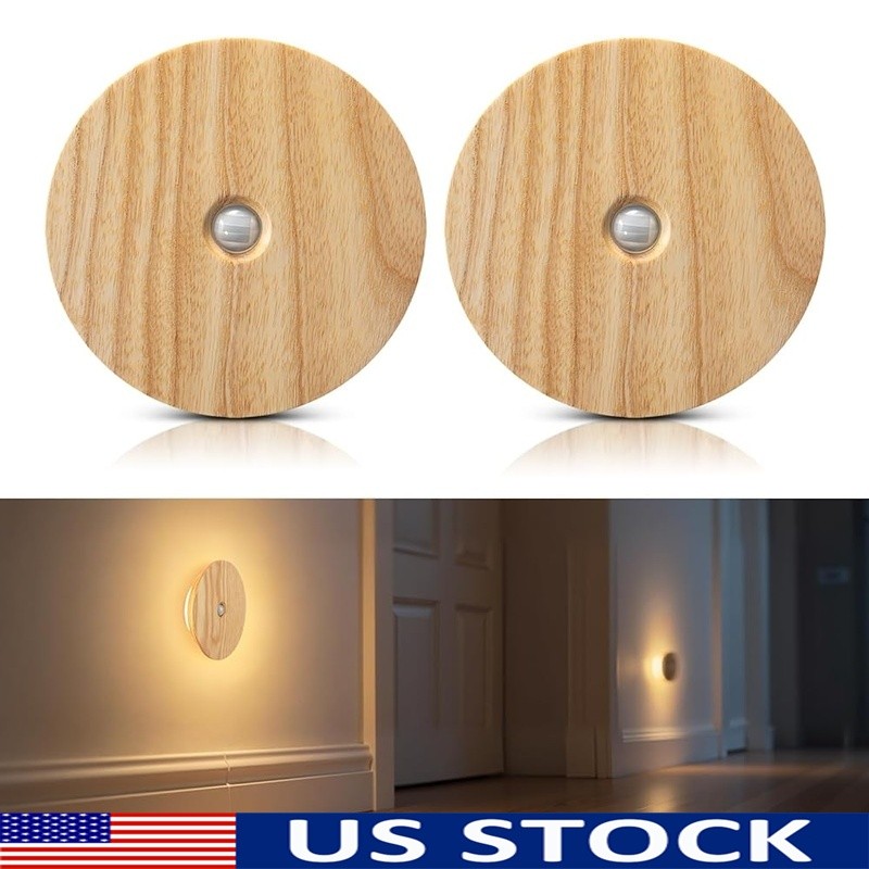 Motion Sensor Night Lights 2Pack Magnetic Rechargeable LED Wood Wall Lights New