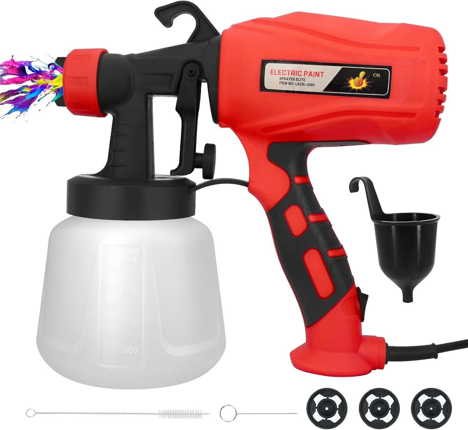 Paint Sprayer, HVLP Electric Spray Gun (900ML Container/3 Nozzles/3 Patt