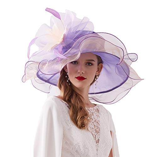 Women Organza Church Derby Hat Wide Brim Sun Hats for Wedding Tea Medium Purple