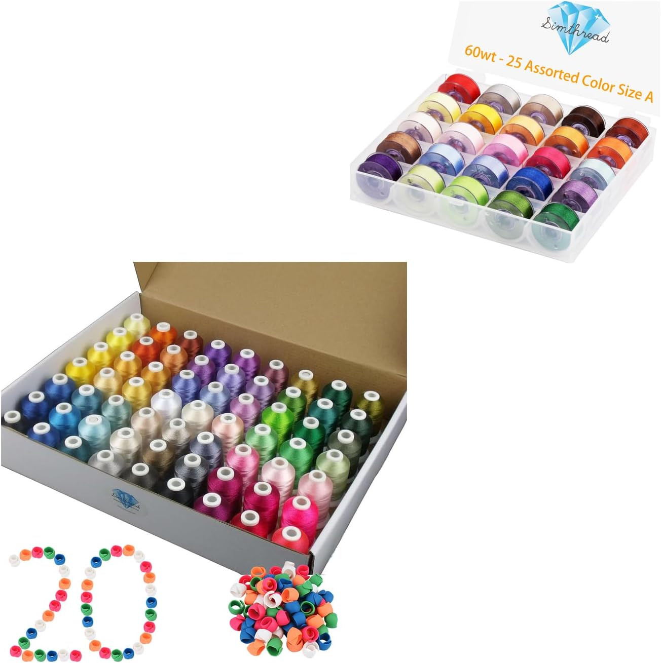 Brother 63 Color Embroidery Thread Bundle with 25 Assorted Prewound Bobbins