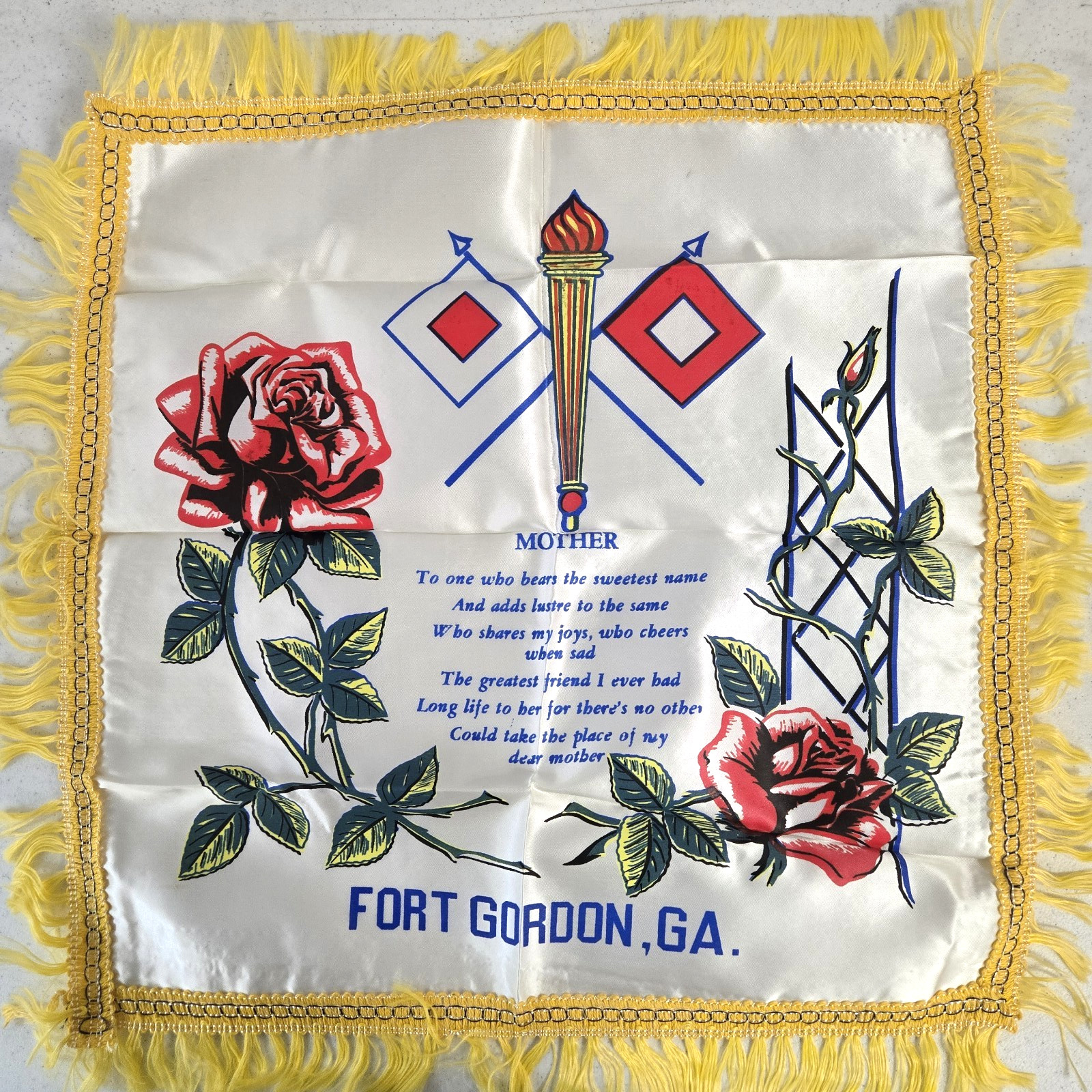 Fort Gordon GA US Army Base WWII Satin Pillow Cover 17" x 17" Yellow Fringe