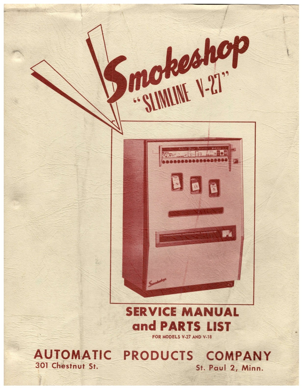 Smokeshop Slimline V-27 Service Manual Parts List 44 pages- You Select Option