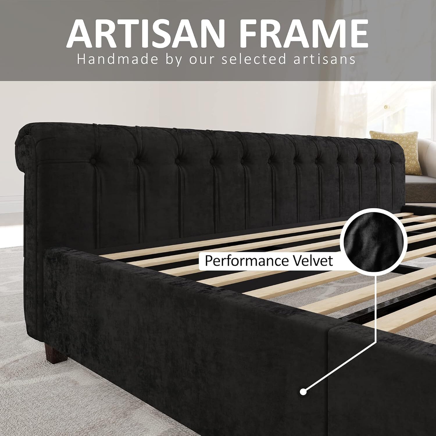 Queen Platform Bed Frame, Chenille Upholstered Sleigh Bed w/Tufted Wingback