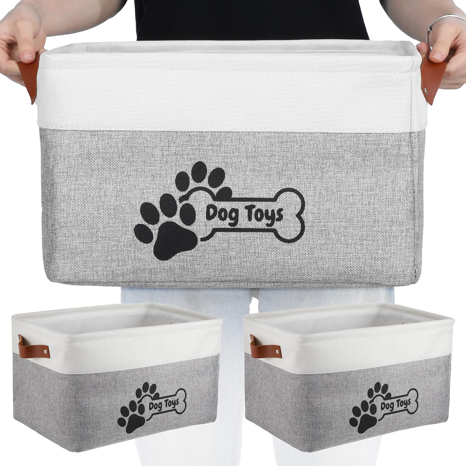 2-Pack Linen Toy Basket for Dogs, Foldable Dog Toy Storage Basket with Handle...