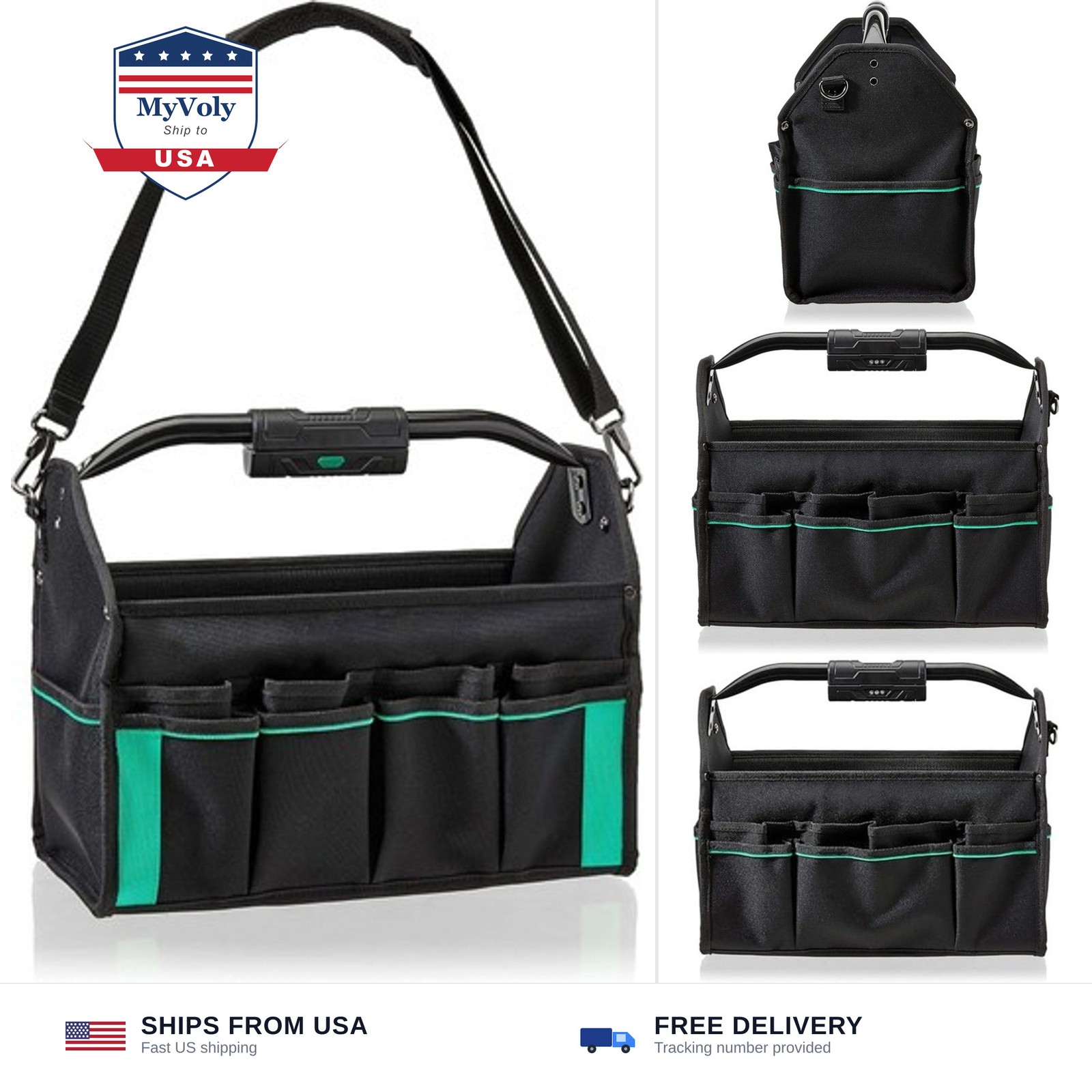 Amazon Basics Tool Bag Organizer with LED Light, 30 Pockets, Adjustable Shoul...