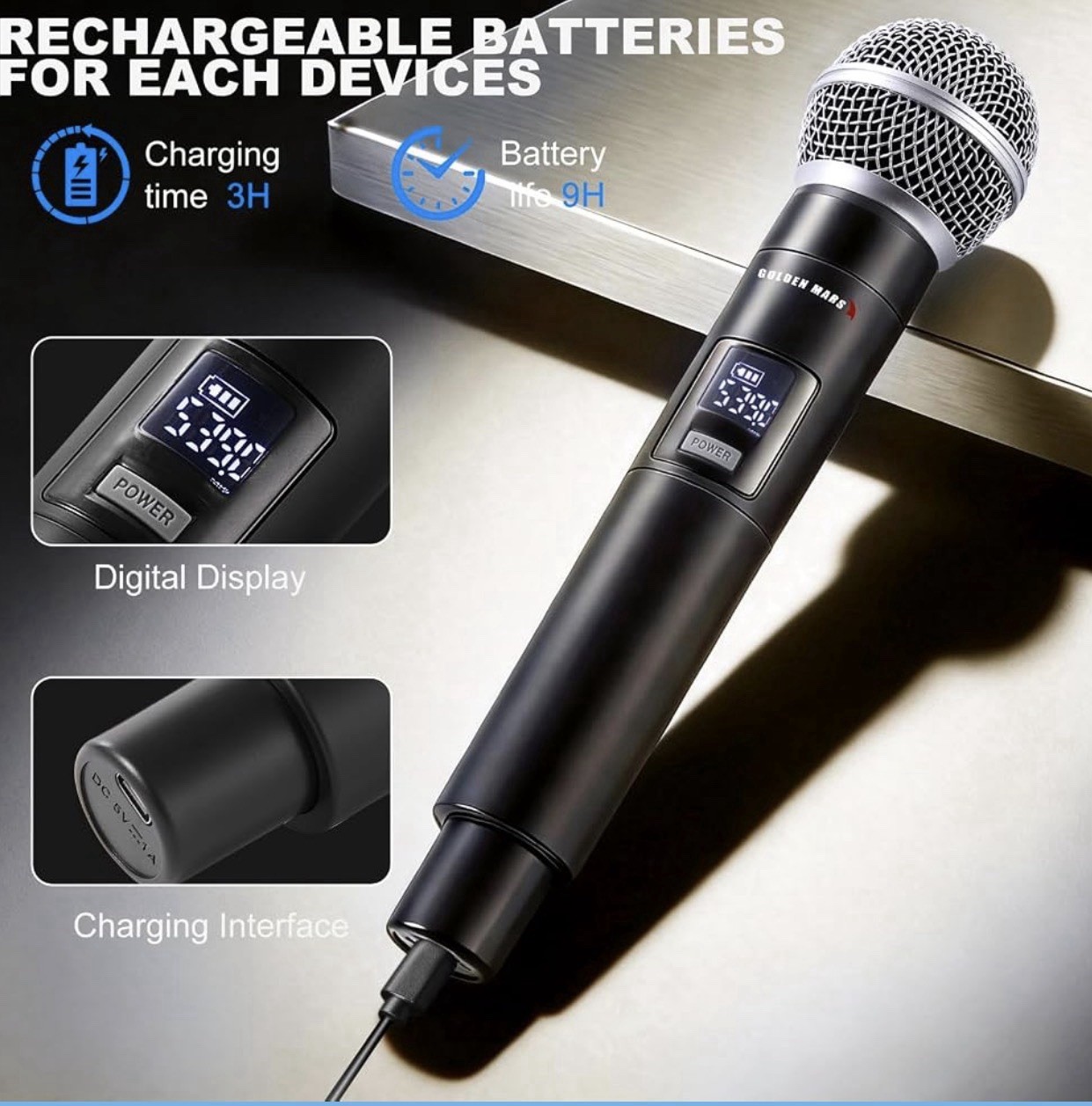 Golden Mars Dual Wireless Microphone System For Karaoke Signing w/ 300 FT Rec