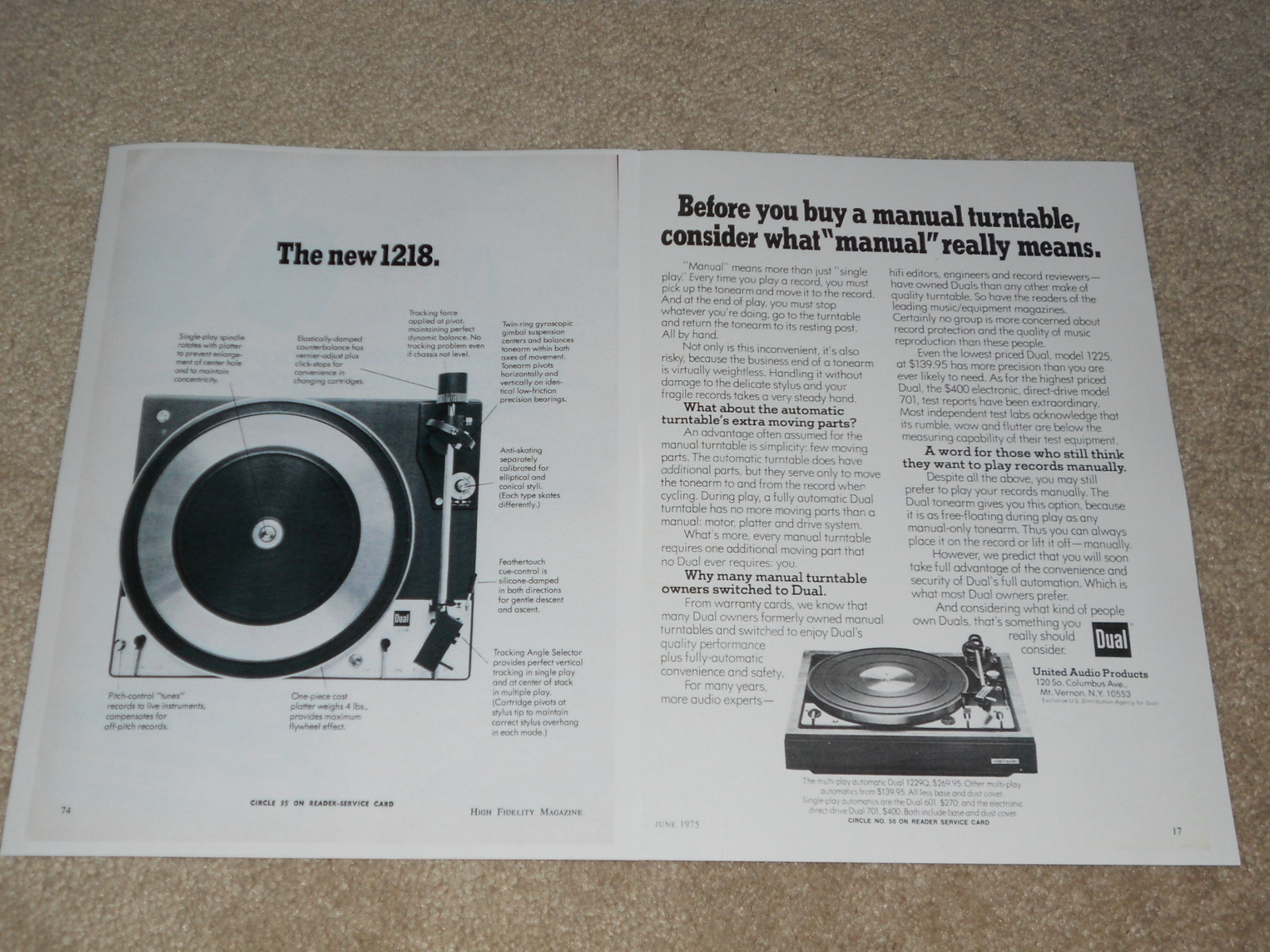 Dual 1218 Turntable Ad, 2 pages, Article, Info, 1975, Beautiful Ad!