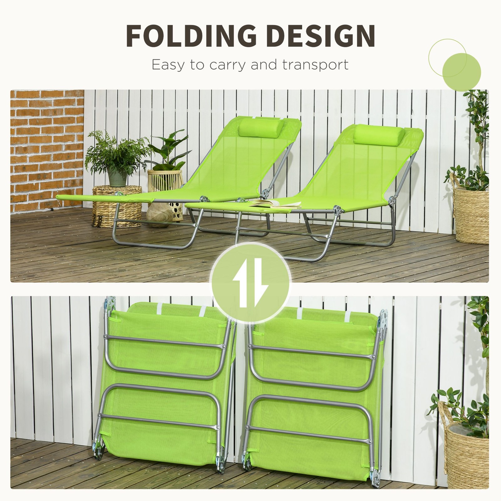 Spacious Reclining Chair Set, 2-Pack, Mesh Seat, Foldable, Yard Use, Green