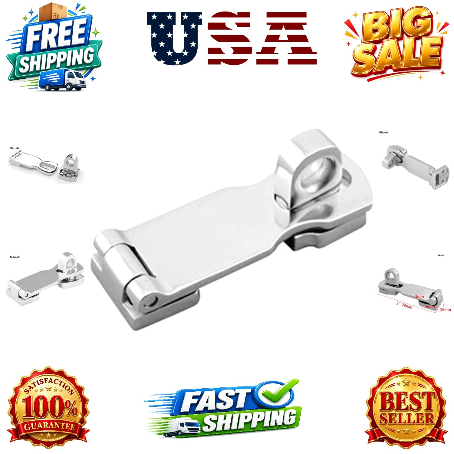 Marine Grade Stainless Steel Heavy Duty Door Hasp with Turning Padlock Eye Mount